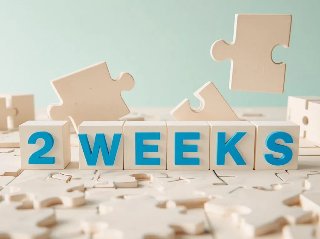 『2 WEEKS』と書かれたブロックとパズルで2週間前からの計画をイメージした画像